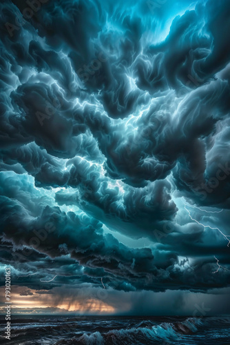 Stormy sky, with dark clouds swirling and lightning crackling across the horizon, conveying emotions of fear, awe, and raw power.