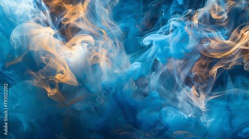 Blue and gold smoke dance together in an artful display creating an ethereal and light visual spectacle
