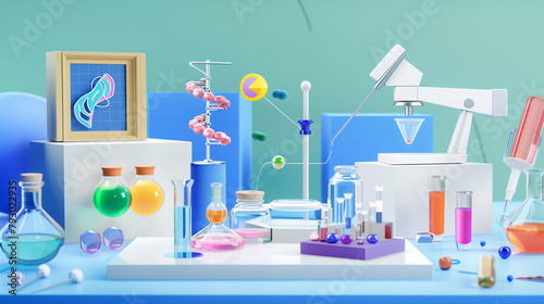 Energetic 3D icons depict various scientific subjects, stimulating curiosity and intellectual inquiry, while cutting-edge laboratory instruments such as centrifuges and spectrometers highlight