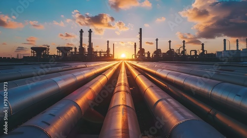 Industrial Sunrise at a Refinery with Steel Pipelines. Oil and Gas Industry Infrastructure. Modern Engineering and Energy Production. Serene Sky with Vibrant Colors. AI