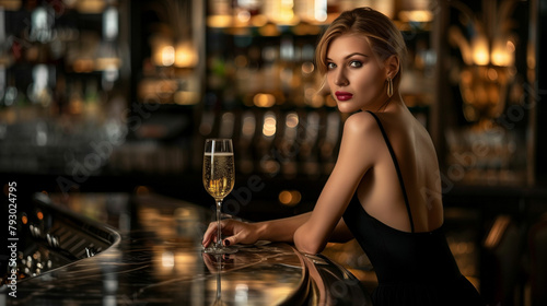 Une femme élégante en tenue de soirée attend son rencard avec un verre de champagne au bar d'un grand hôtel