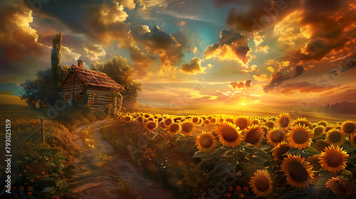 Sunset Embrace A wooden house nestles amid a sea of sunflowers basking in the golden light of a setting sun, creating a path that beckons one into the warmth of a rural idyll.