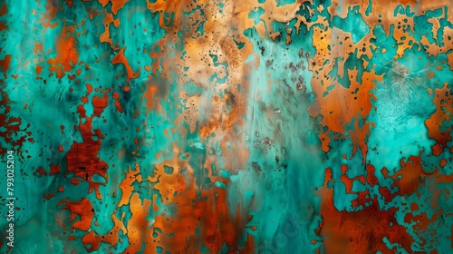 Abstract textured design turquoise verdigris copper metal oxidized contemporary background.
