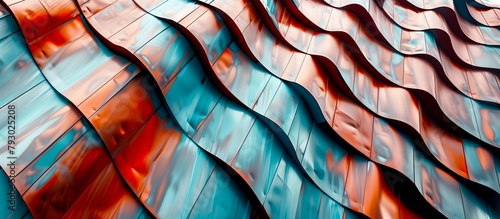 Abstract copper metallic verdigris undulating patterned glossy roof tiles, architectural concept.