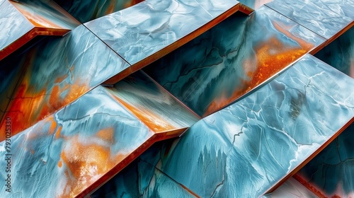 Close up abstract Intersecting metal plates blue rust oxidized, background, architectural concept.