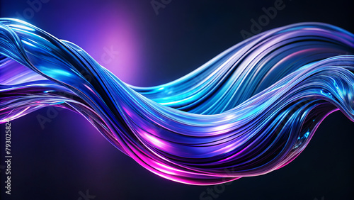 Flowing,wavy form with a metallic sheen undulates against a dark background,illuminated by hints of purple and blue light.It conjures an impression of sleek,futuristic design or high-tech material.AI