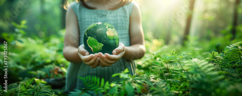 Girl holding and taking care of green earth globe. Caring for nature concept.