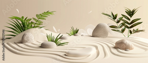 Vector 3D illustration of a tranquil Zen garden, raked sand patterns, smooth stones, minimalist greenery,