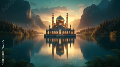 A large building with a gold dome sits on a lake. The water is calm and the sky is blue