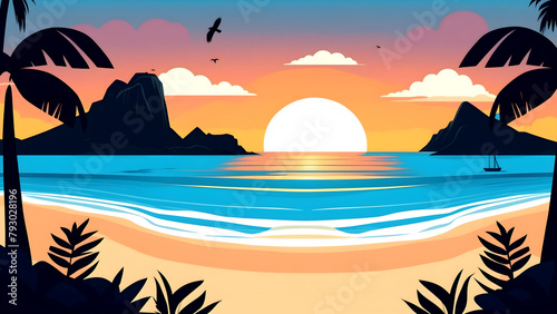 Tropical island with palm trees on the beach at sunset illustration background