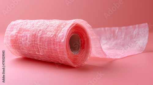 A single medical bandage unrolled on a solid coral pink background, showcasing its adhesive surface and stretchable material