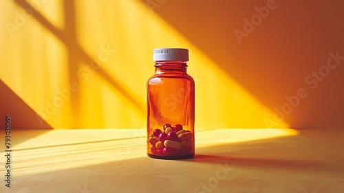 A single pill bottle standing upright on a solid yellow surface, its label clear and legible against the vibrant backdrop