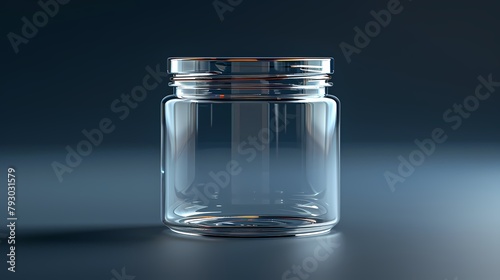 A single specimen container with lid on a solid navy blue background, highlighting its transparent body and leak-proof seal