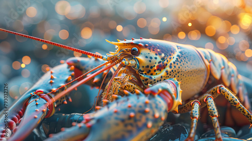 Macro close-up, isolated shot of orange alive lobster on a fishing boat with lobster pot net