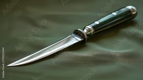 A single surgical scalpel on a solid olive green background, showcasing its sharp blade and ergonomic handle