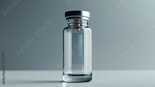 A single vial of medication standing upright on a plain white backdrop, its liquid contents reflecting the surrounding environment