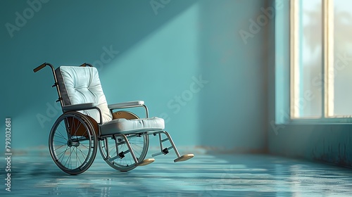 A single wheelchair on a solid turquoise background, showcasing its sturdy frame and comfortable seating
