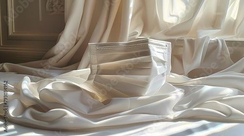 A surgical mask arranged neatly on a sterile white table, its pleated design catching the light in sharp relief