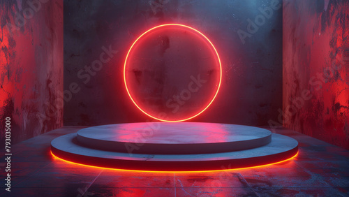 Red Neon Ring Light Installation in Grungy Concrete Room