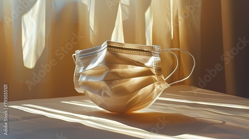 A surgical mask arranged neatly on a sterile white table, its pleated design catching the light in sharp relief