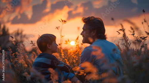 Happy mature father and son talking and enjoying family time outdoors during sunset. Relaxing and bonding on the weekend.