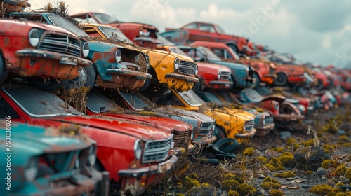 Towering Scrapyard Sculpture of Abandoned Vehicles Generative AI