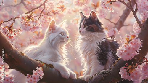 Two contrasting cats, one snow-white and the other ebony-black, share a tender gaze amidst the soft blush of blooming cherry blossoms, an ephemeral backdrop that whispers of spring's gentle caress.