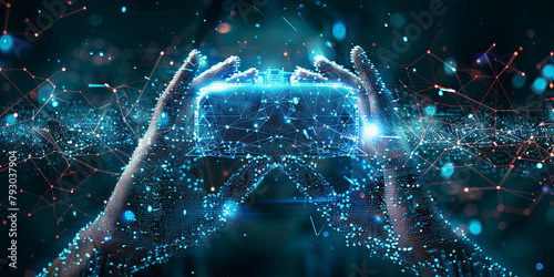 Hand touch metaverse infinite loop unlimited technology futuristic digital connection background of virtual reality cyberpunk world or internet game innovation cyber network and hologram experience