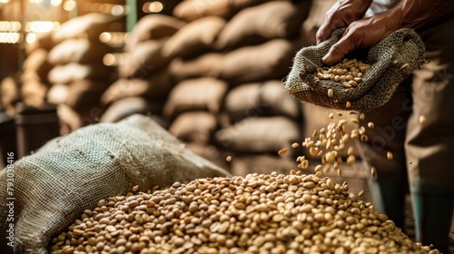 Close up raw dry coffee beans pouring from handful to the sack in a warehouse. AI generated image