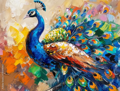 An original oil painting on canvas featuring a beautiful multicolored peacock, presented as a piece of modern art. 