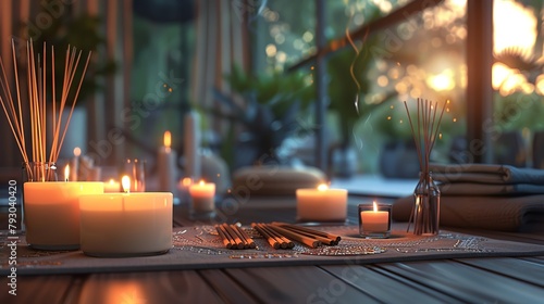 A close up of a table with candles and incense on it. The background is blurred and out of focus.