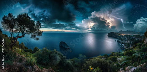 Vue spectaculaire d'un orage en mer vue depuis la côte de nuit