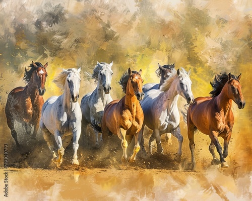An artistic depiction of a herd of Arabian horses captured in a painting. This imagery showcases the beauty, grace, and elegance of these majestic animals, rendered with artistic skill