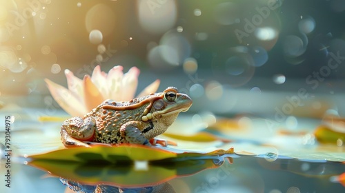 TOAD ON A LOTUS LEAF in a pond