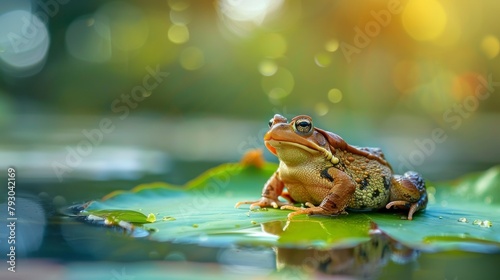 TOAD ON A LOTUS LEAF in a pond during the day at dawn in high resolution and quality