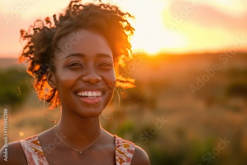 A smiling woman with a gold necklace and hoop earrings