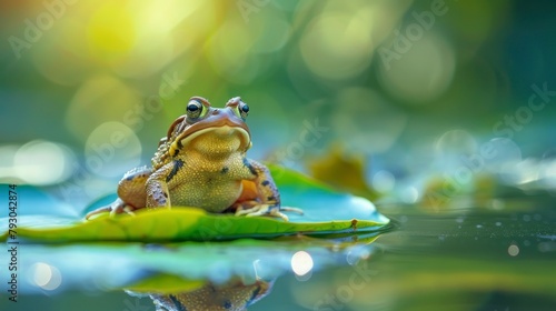 TOAD ON A LOTUS LEAF in a pond during the day at dawn in high resolution and high quality