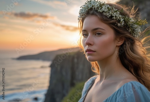 Ethereal woman wearing a floral wreath looks out over the sea at sunset.