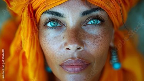 retrato de primer plano de la cara de una mujer oriental arábica con rostro expresivo y burka. Portada.