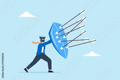 Strong businessman with armor and shield to defend against incoming arrows, illustrating protection from threats. Concept of safeguarding against security attacks, business risks, or potential dangers