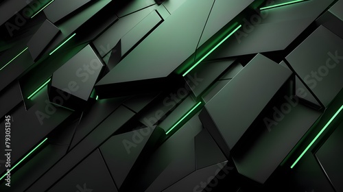 Black, jade green abstract triangle background, glossy metal like kook background. Generated AI