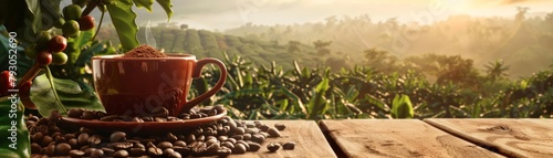 A cozy coffee scene featuring a cup of java, fresh organic beans, and a scenic backdrop of coffee plantations