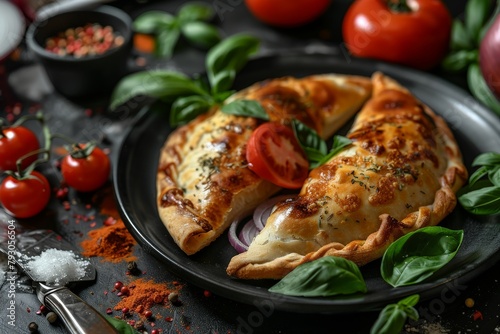 Tasty calzone sprinkled with cheese and spices with fresh vegetables on the plate. Delicious italian food