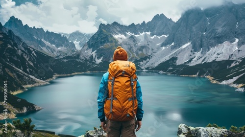 Man Traveler with big backpack mountaineering Travel Lifestyle concept lake and mountains on background Summer extreme vacations outdoor