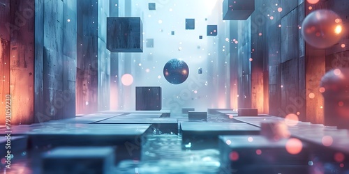 Futuristic Floating Geometric Shapes in Glowing Sci Fi Environment for Game Concept