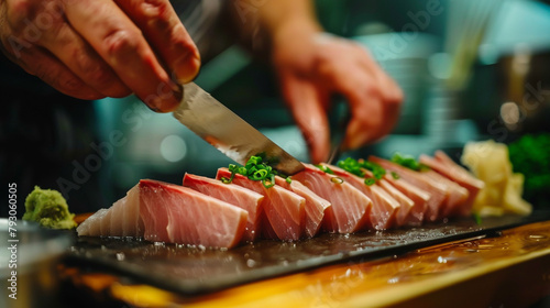 In a bustling izakaya, a chef slices paper-thin cuts of fatty tuna with precision