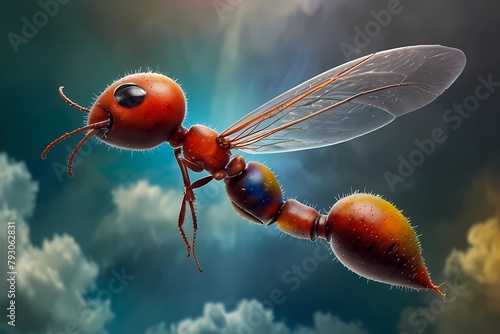 Migrant ant travels on ground and sky exploring the vibrant colors of the world with exciting flying on clouds and mountains with rainbow behind with rainy clouds