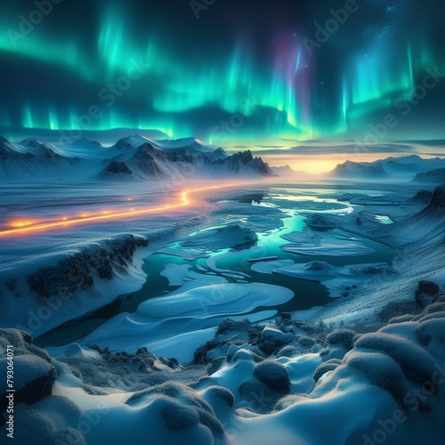 A breathtaking view of the Northern Lights shimmering over a snowy Icelandic landscape.