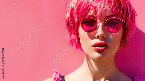 a cool woman Short pink cool hair, cool pose, flashy mode patterned fashion
