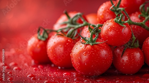 Ripe red tomatoes hang fresh from a green vine